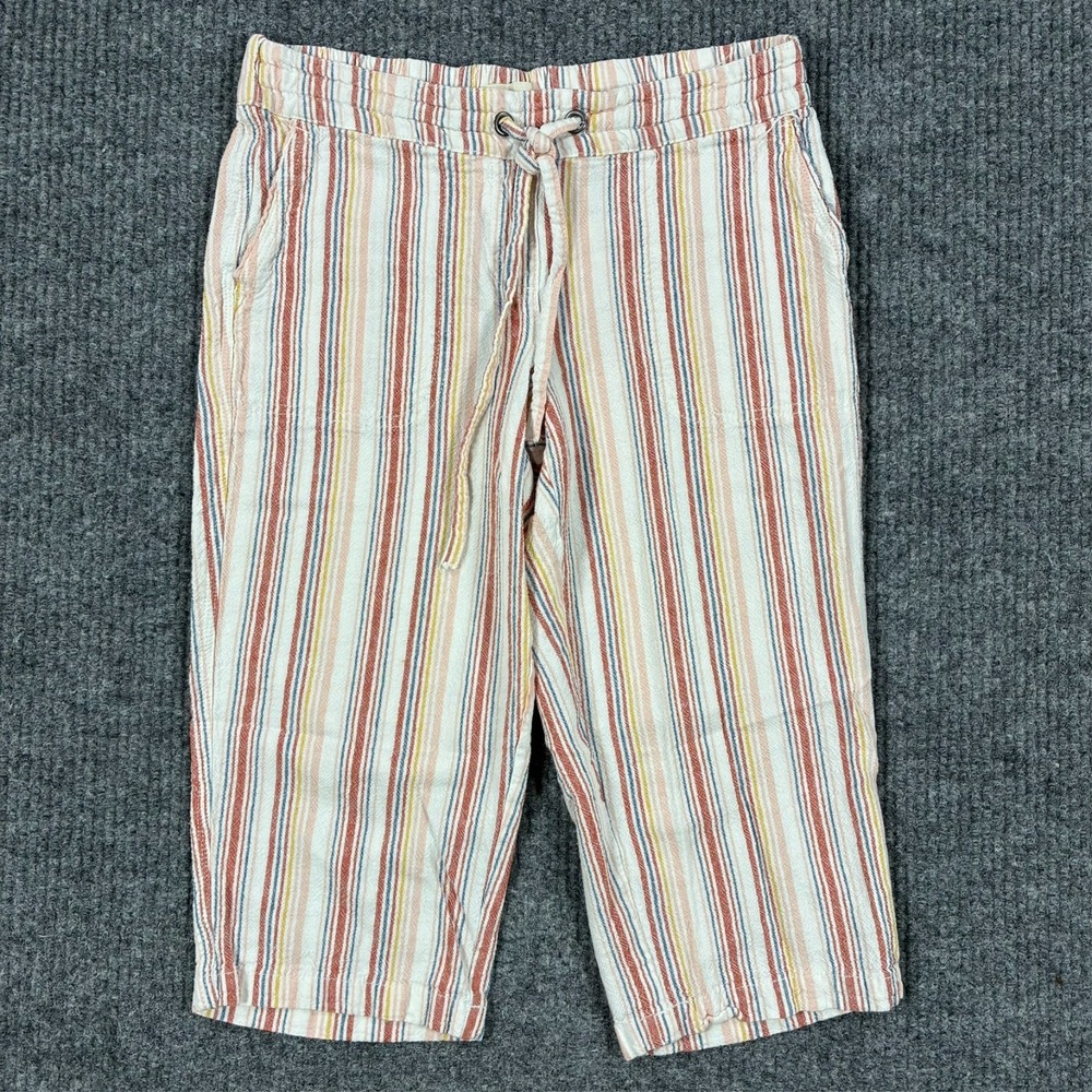 Per Se Womens Capri Pants Size PS Striped Drawstring Pull On Linen Blend Casual